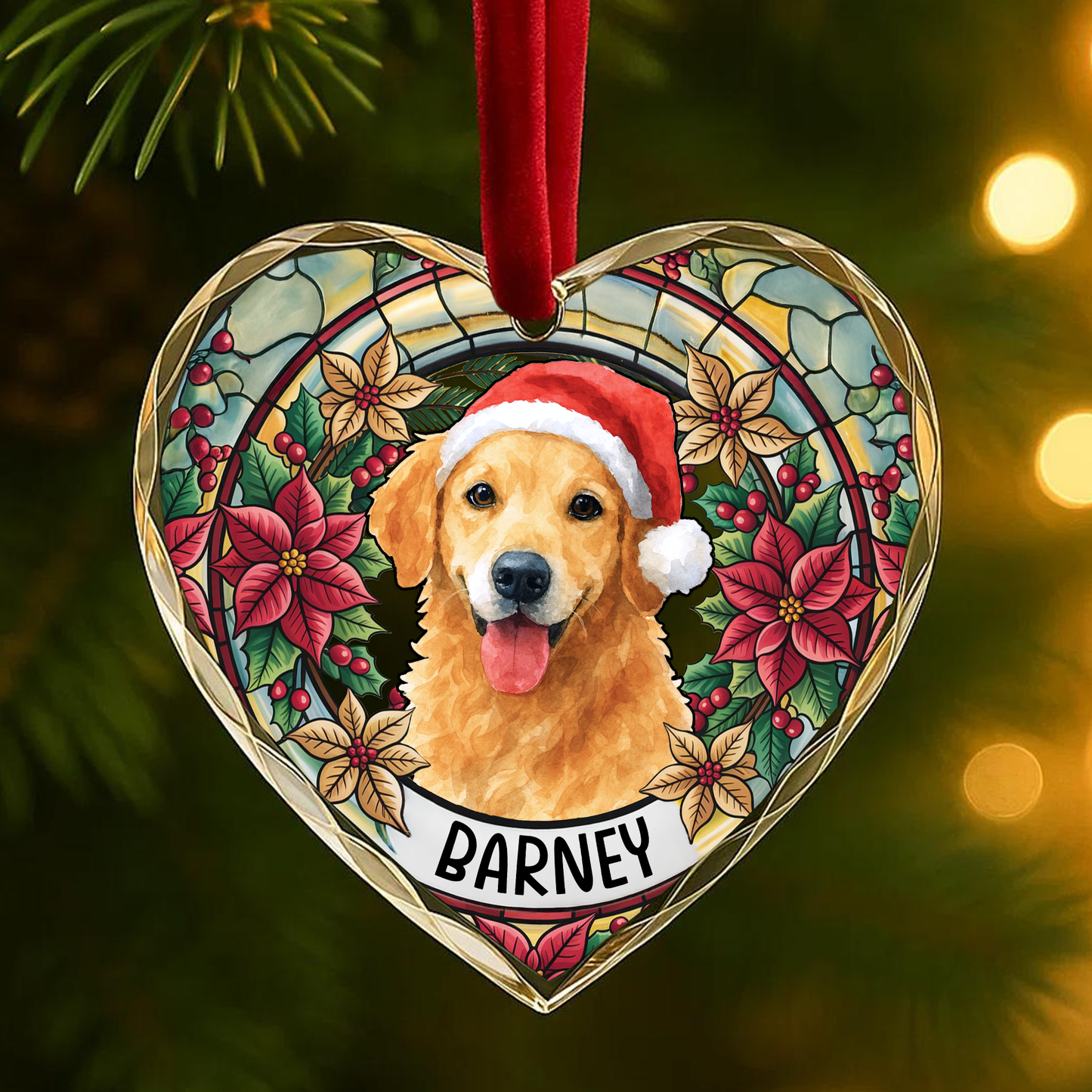 Custom Pet Portrait Christmas Wreath Glass Ornament