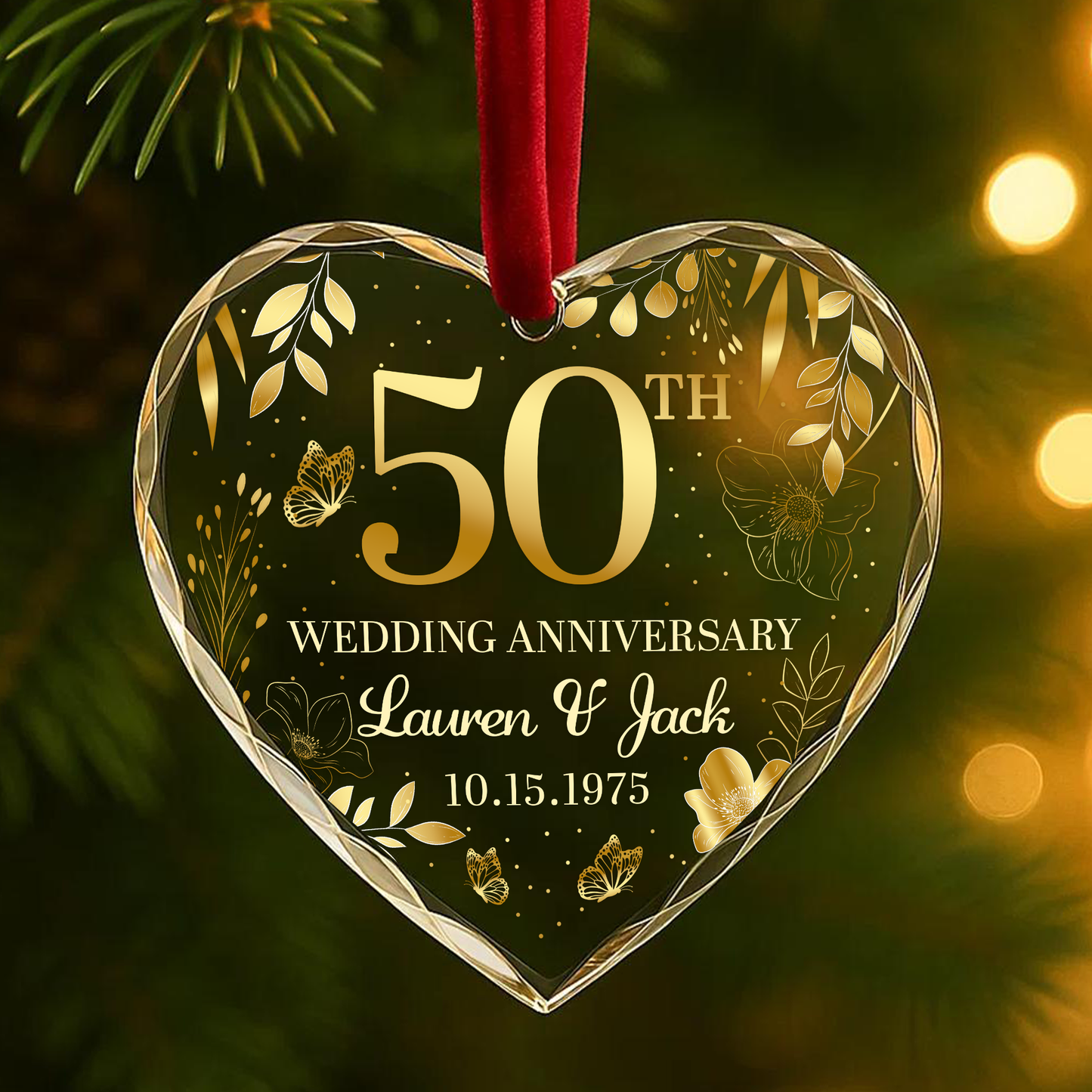 50th Wedding Anniversary Gold Floral Custom Glass Ornament
