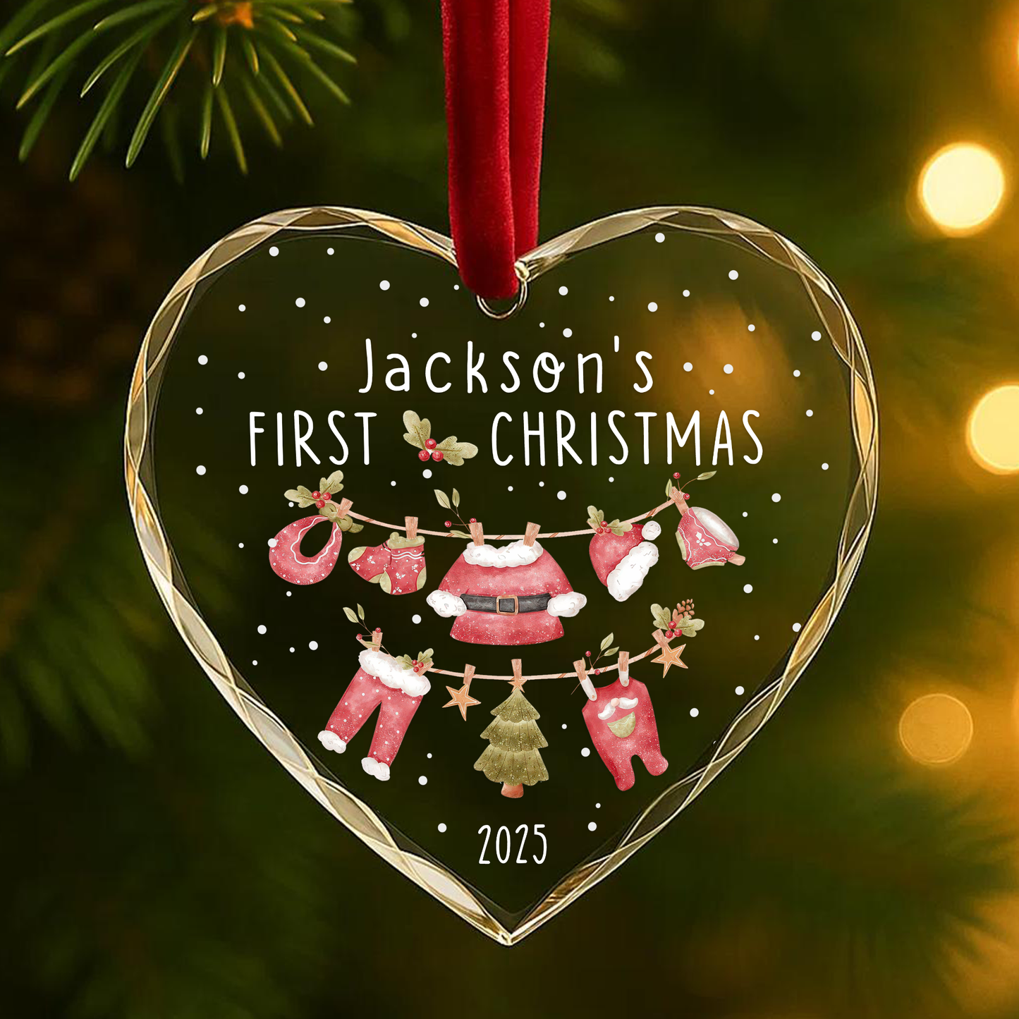 My First Christmas Baby Clothes Garland Custom Glass Ornament