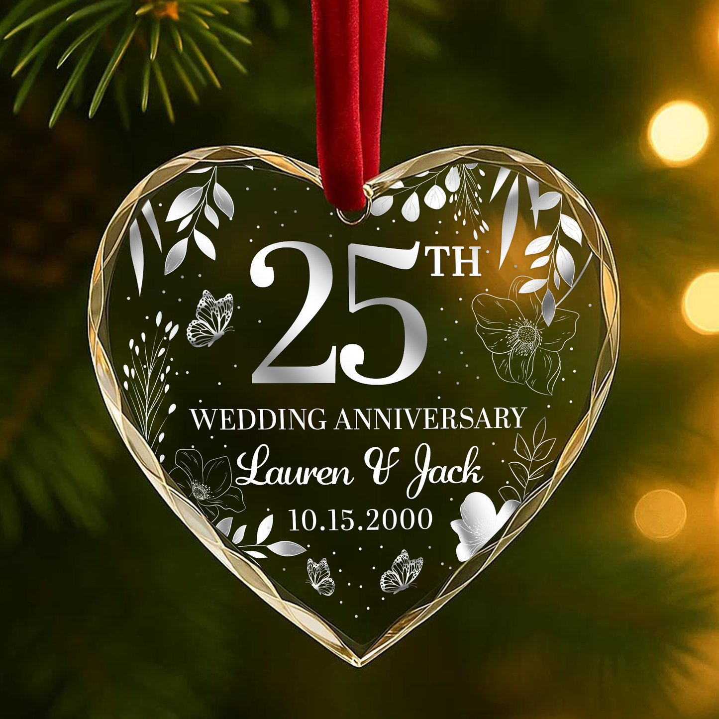 25th Wedding Anniversary Silver Floral Custom Glass Ornament