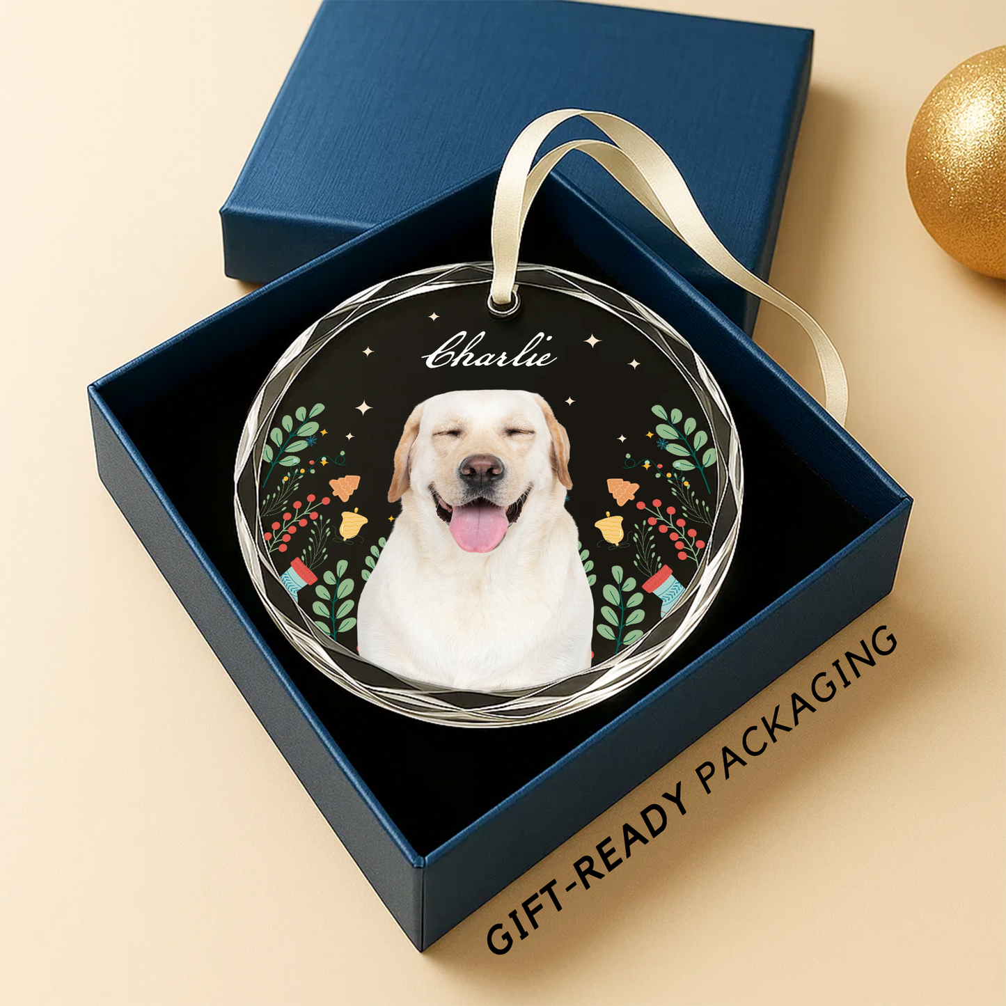 Custom Pet Portrait Ornament, Watercolor Style Christmas Design