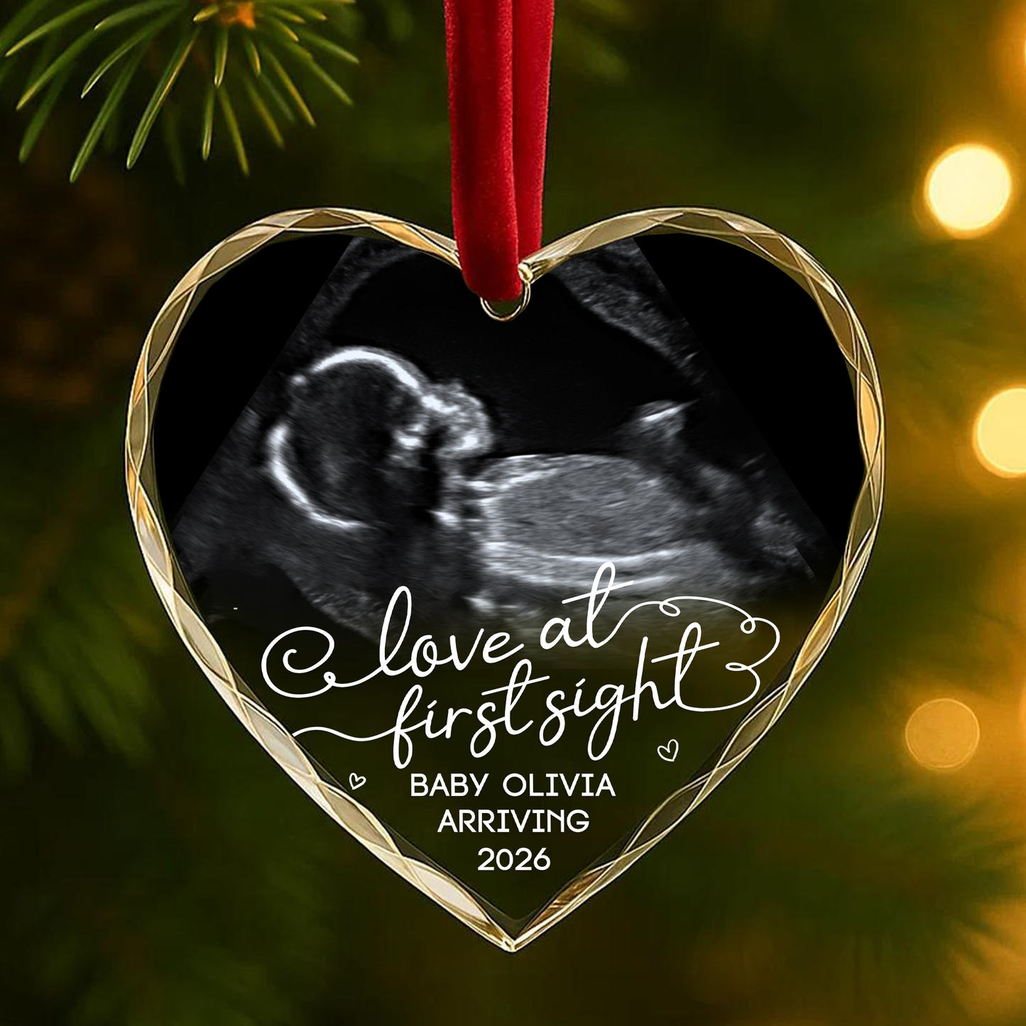 Love at First Sight Ultrasound Baby Announcement Custom Glass Ornament