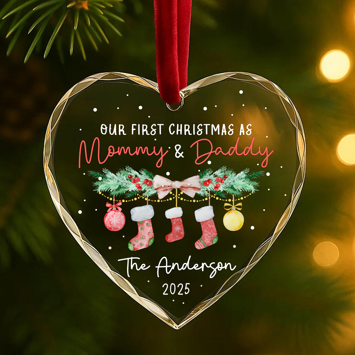 Our First Christmas as Mommy Daddy Stocking Garland Custom Glass Ornament
