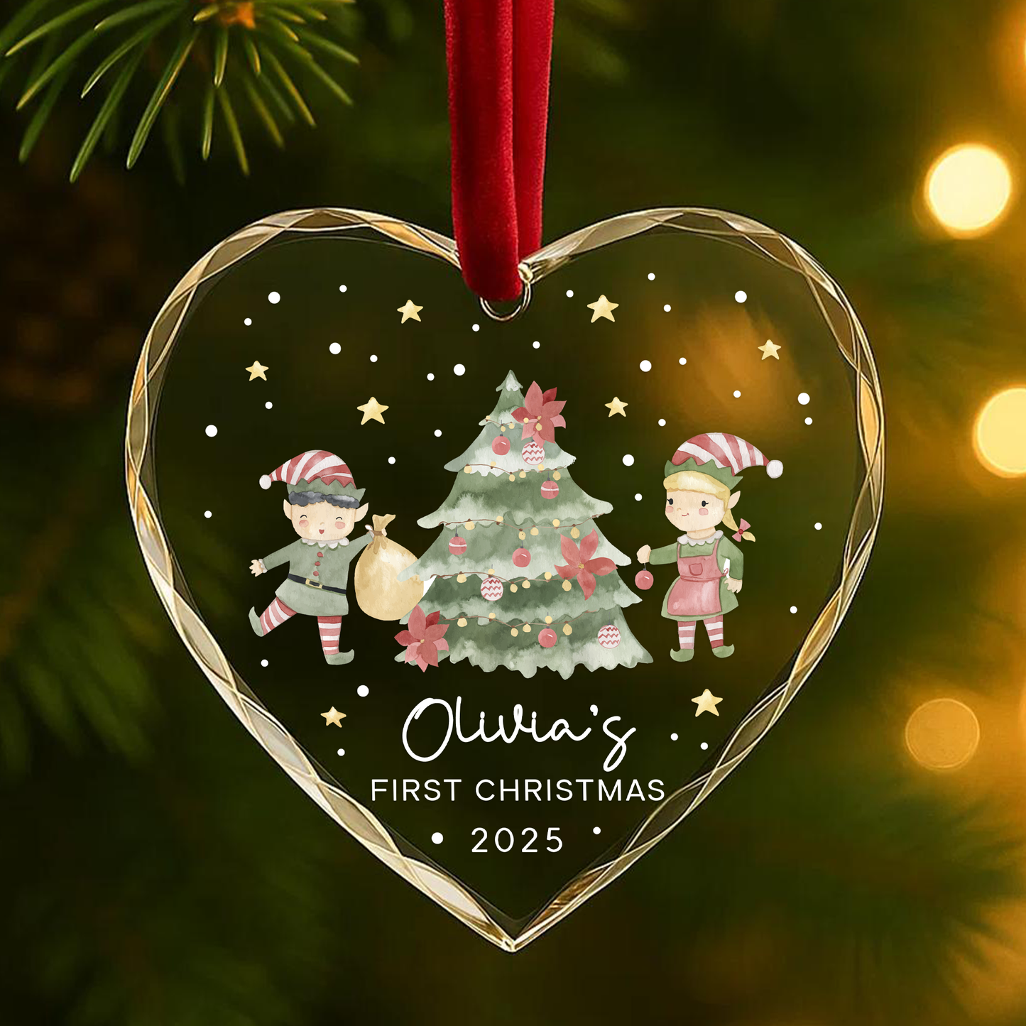 My First Christmas Elves and Tree Custom Glass Ornament