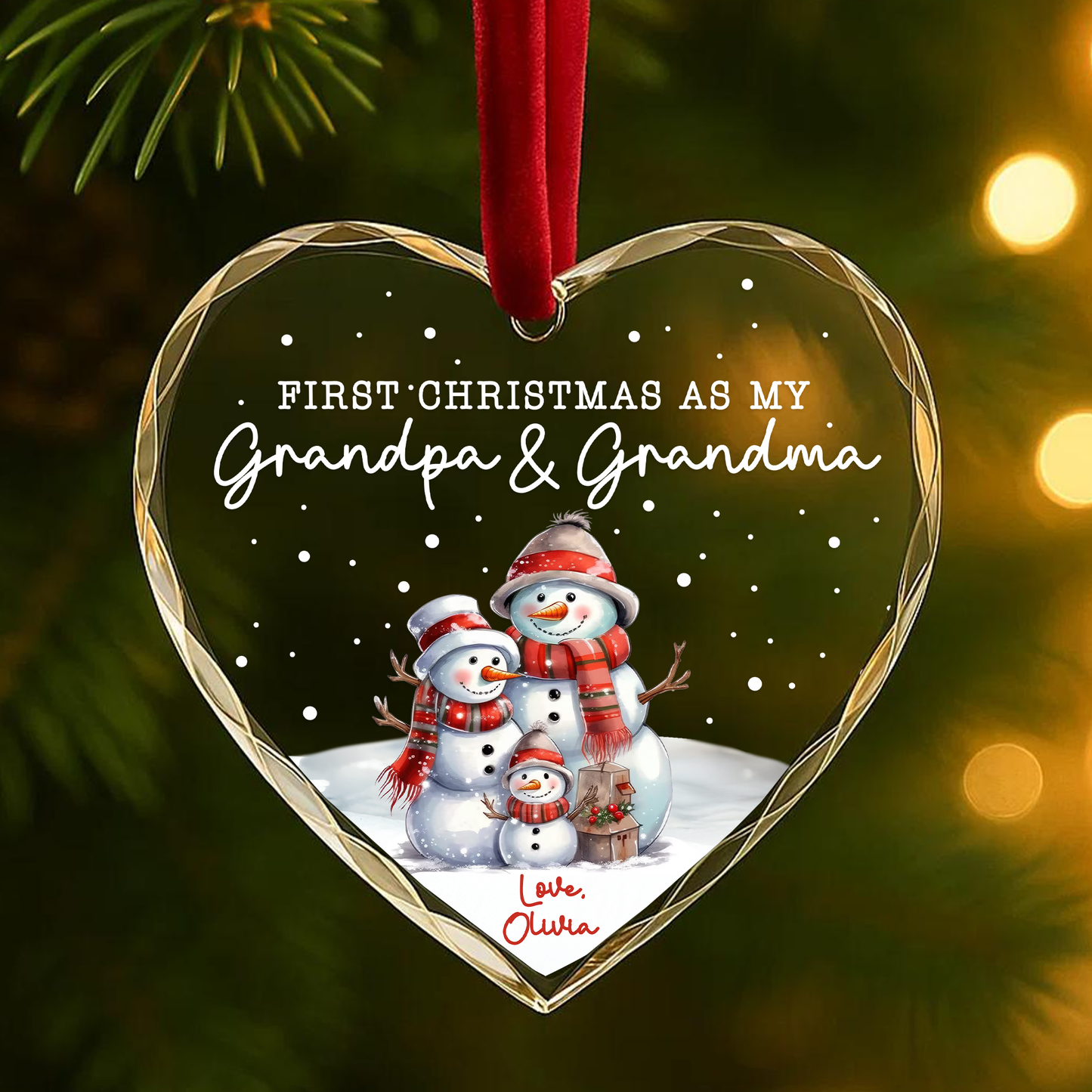 First Christmas as My Grandpa Grandma Snowman Family Custom Glass Ornament