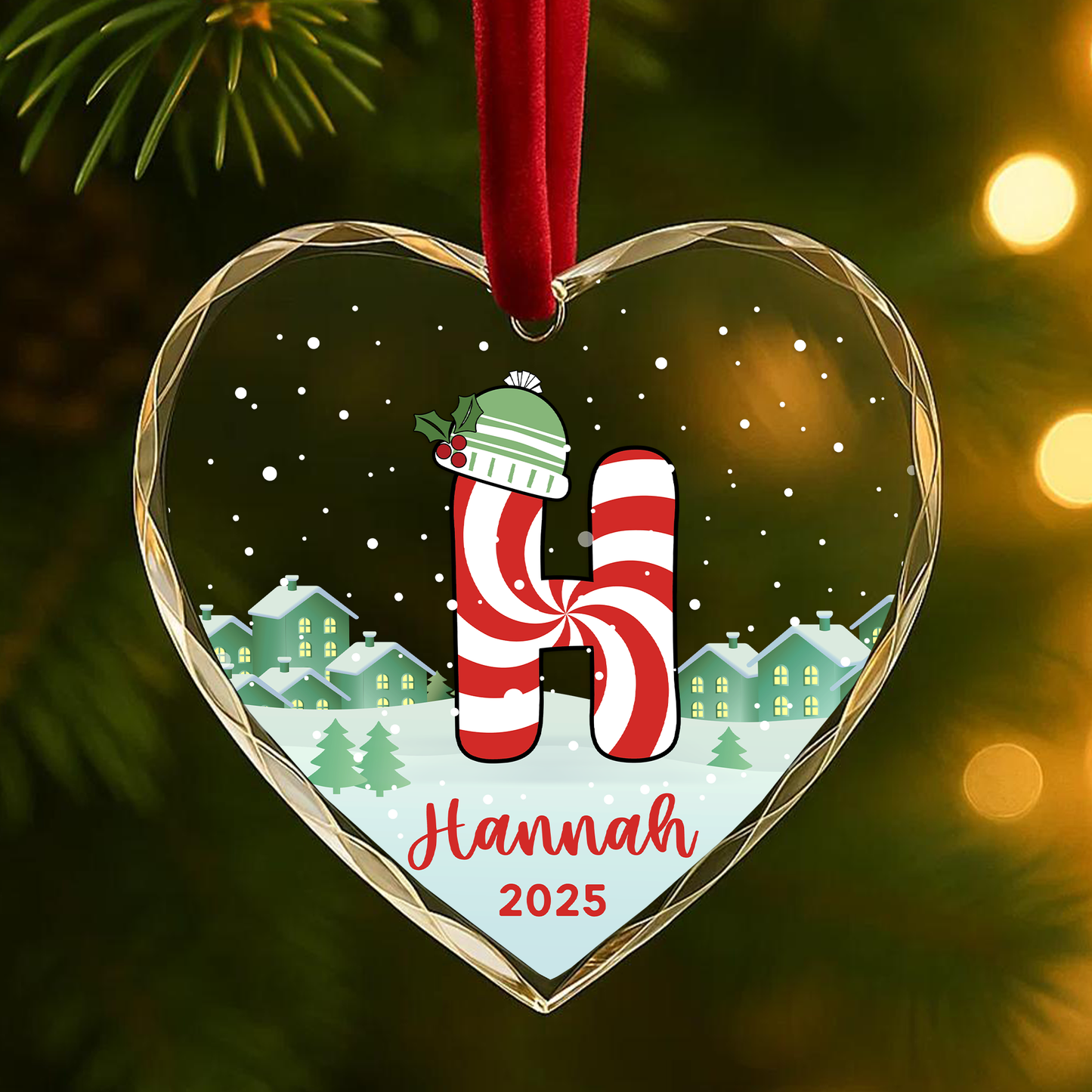 Monogram Letter Name Candy Cane Custom Glass Ornament