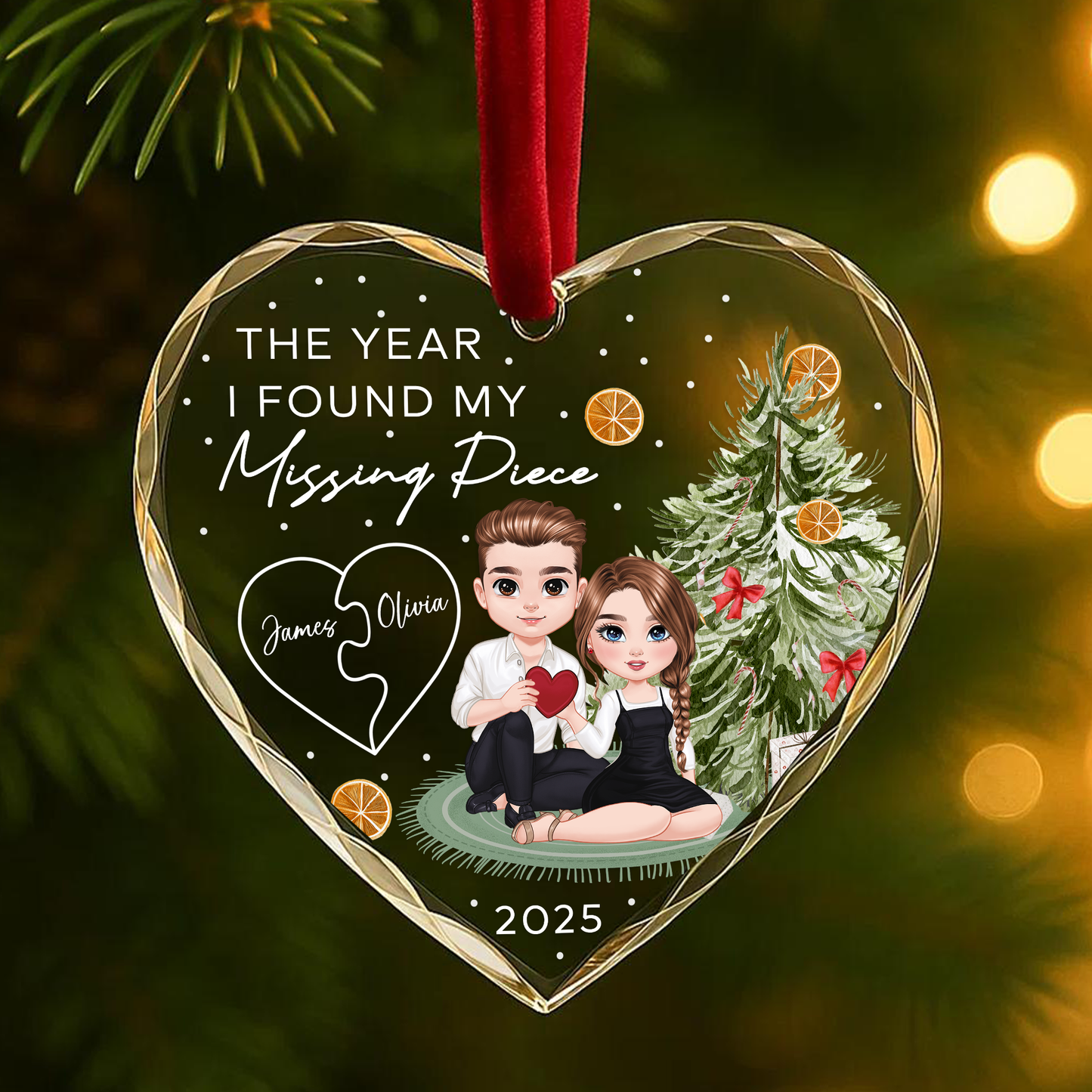 The Year I Found My Missing Piece Couple Christmas Tree Custom Glass Ornament