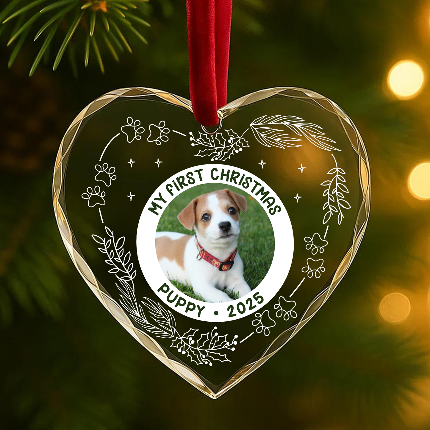 My First Christmas Puppy Photo Custom Glass Ornament