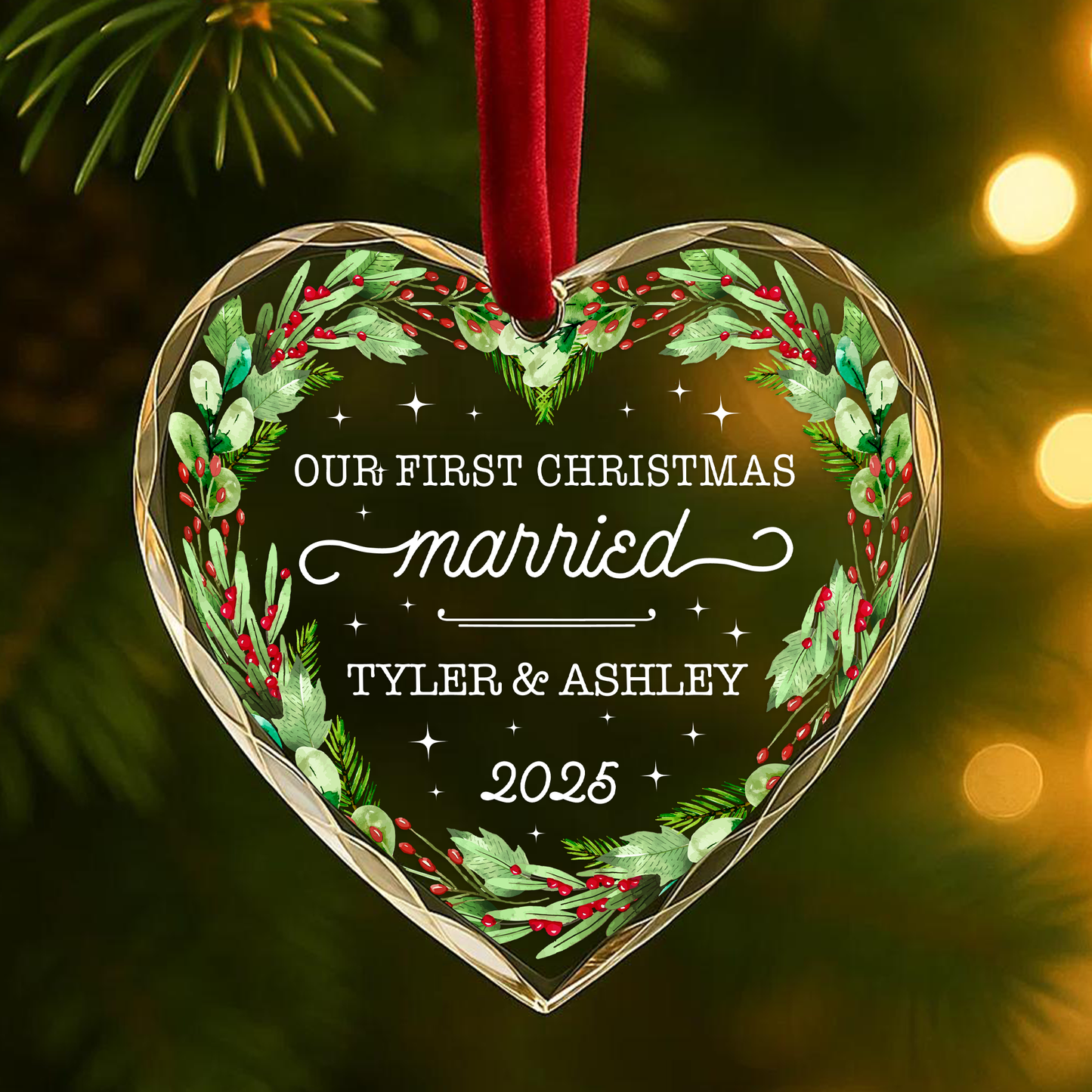 Our First Christmas Married Wreath Custom Glass Ornament