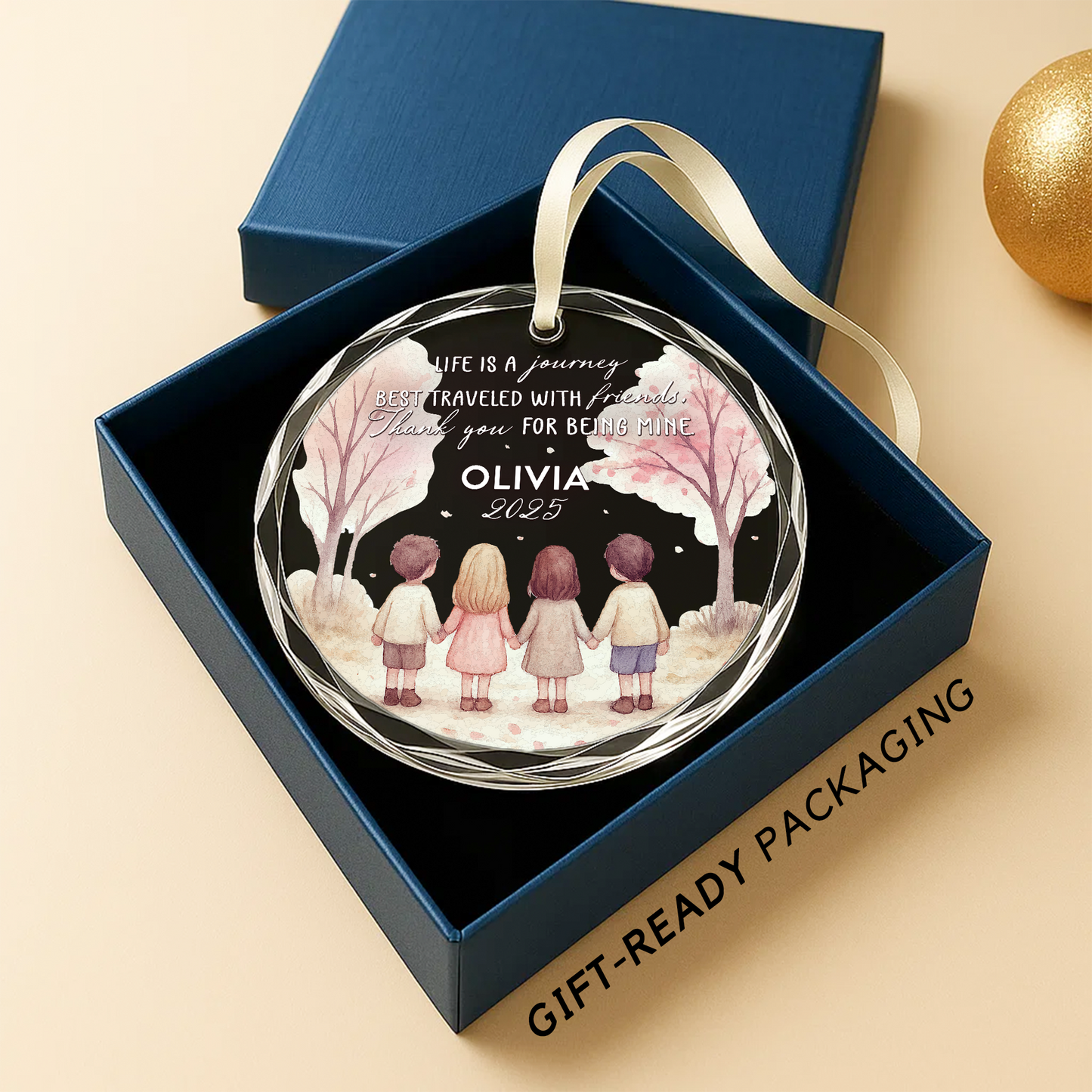 Life Is a Journey Best Traveled with Friends, Watercolor Tree Scene Ornament