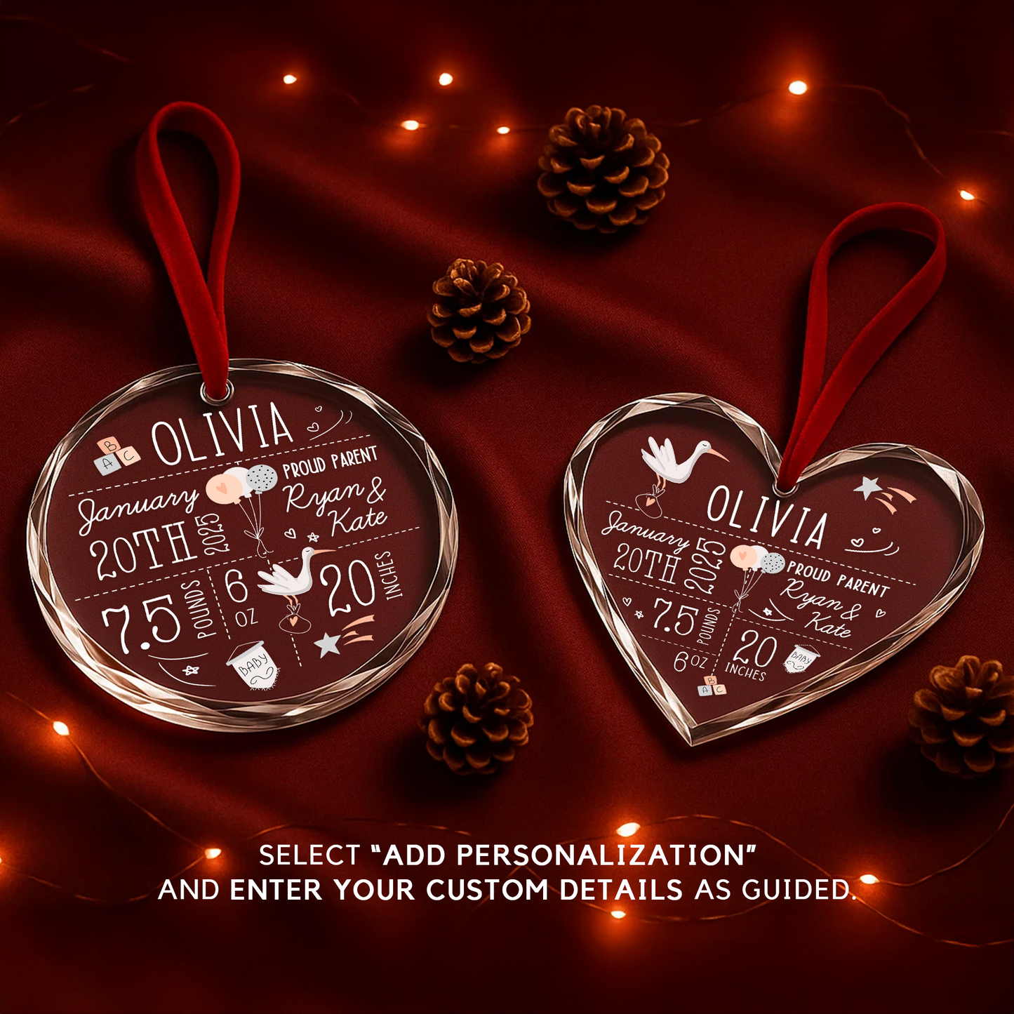 Baby First Christmas Ornament, Custom Name and Birth Stat