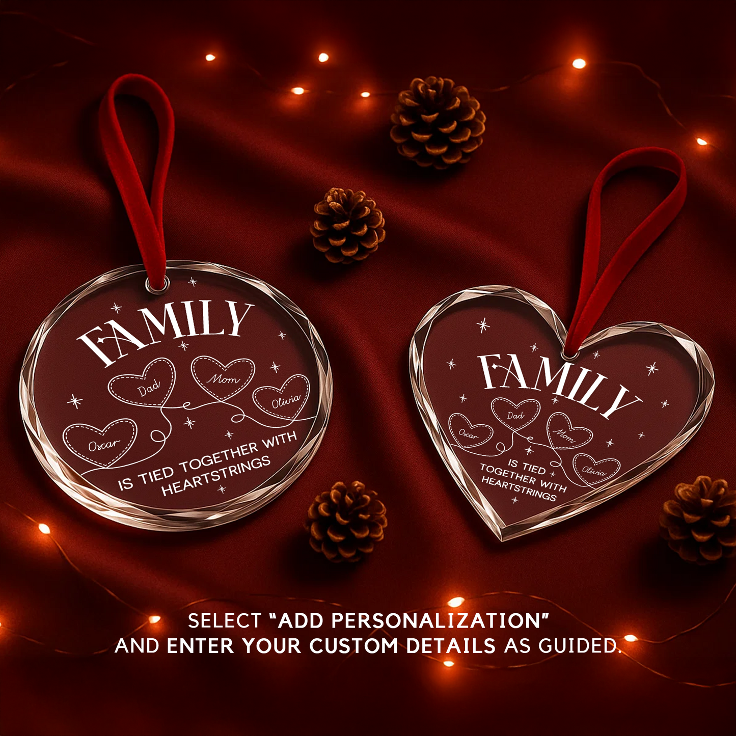 Custom Family Heartstrings Ornament, Personalized Family Name Ornament