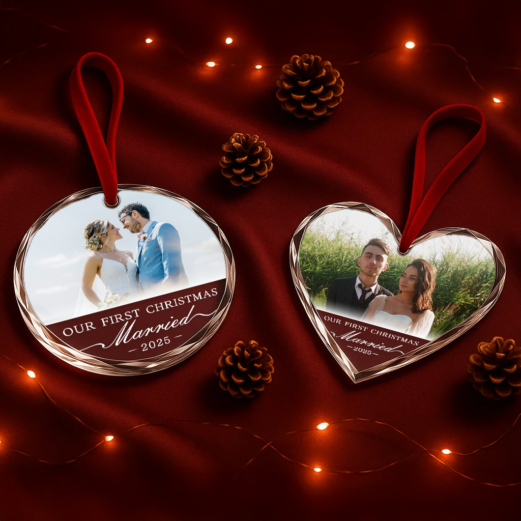 Our First Christmas Married, Custom Glass Ornament With Couple Photo