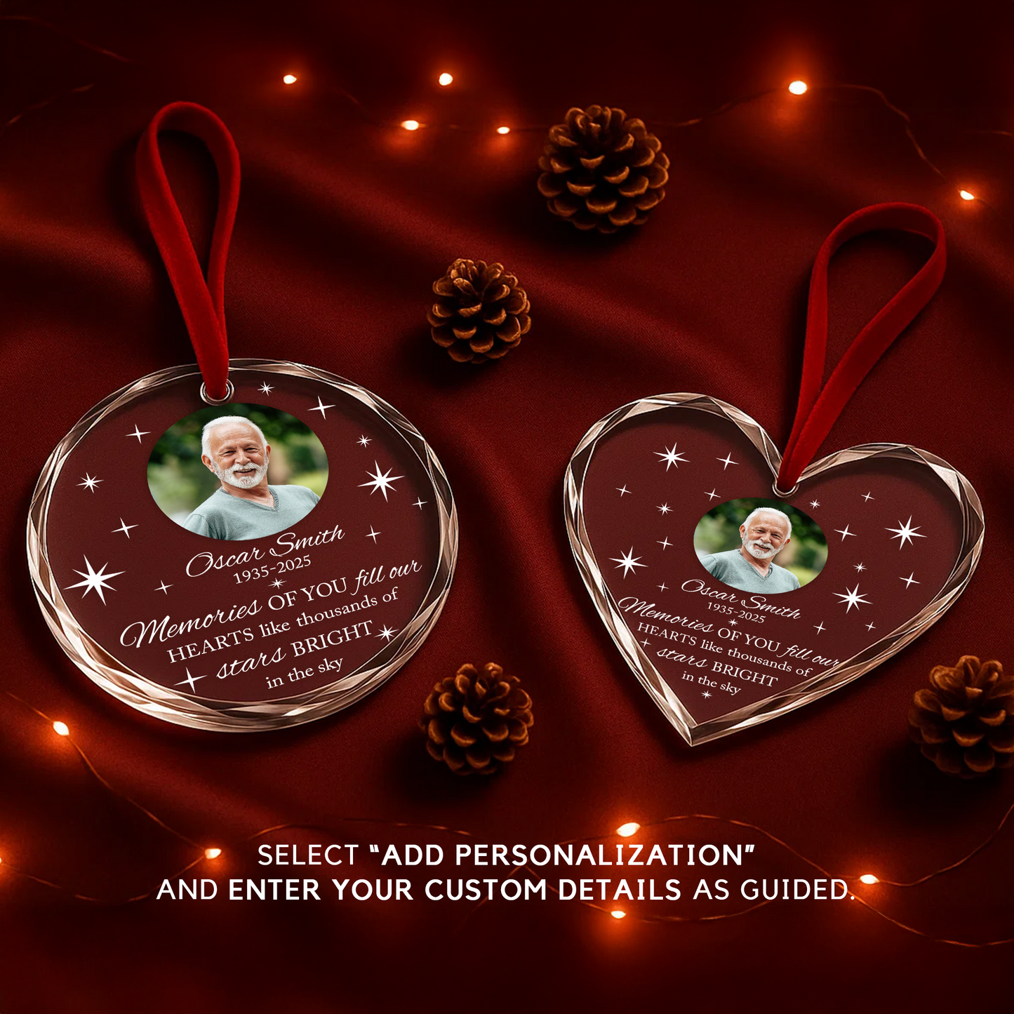 Custom Photo Memorial Ornament, Memories Bright Like Stars Sympathy Gift