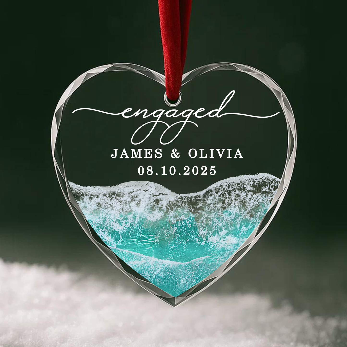 Engaged 2025 Ocean Wave Heart Ornament, Engagement Keepsake