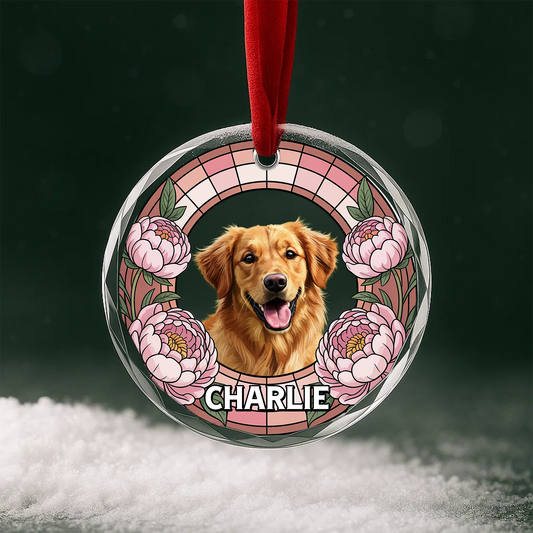 Stained Glass Flower Ornament with Custom Pet Portrait, Personalized Pet Memorial or Christmas Gift