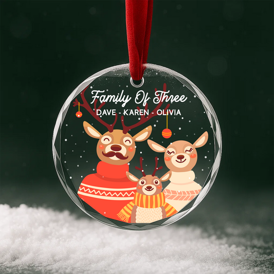 Family of Three Reindeer Custom Glass Ornament