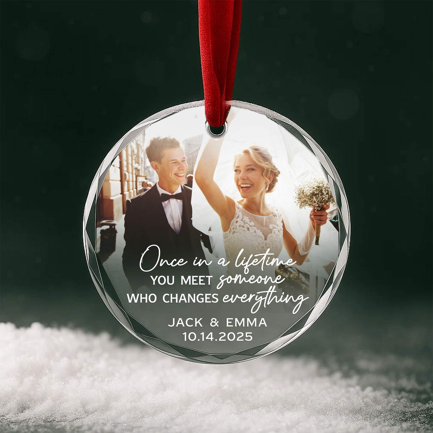 Once in a Lifetime Wedding Photo Custom Glass Ornament