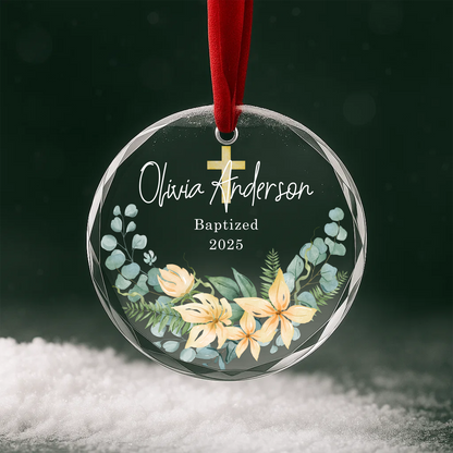 Baptized Ornament with Floral Cross