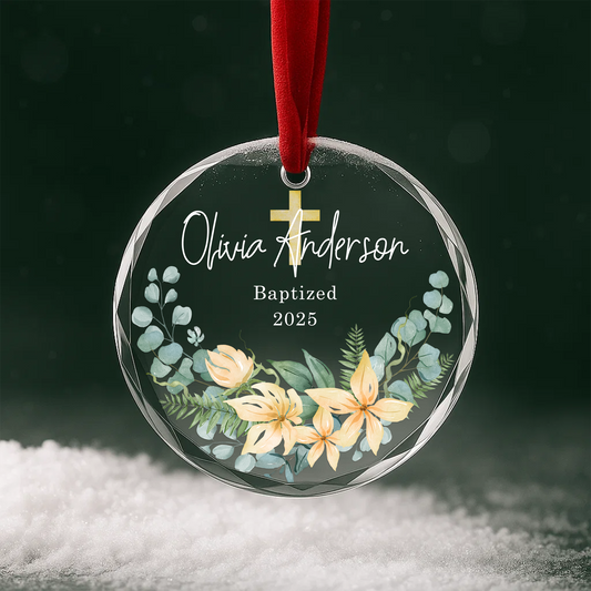 Baptized Ornament with Floral Cross