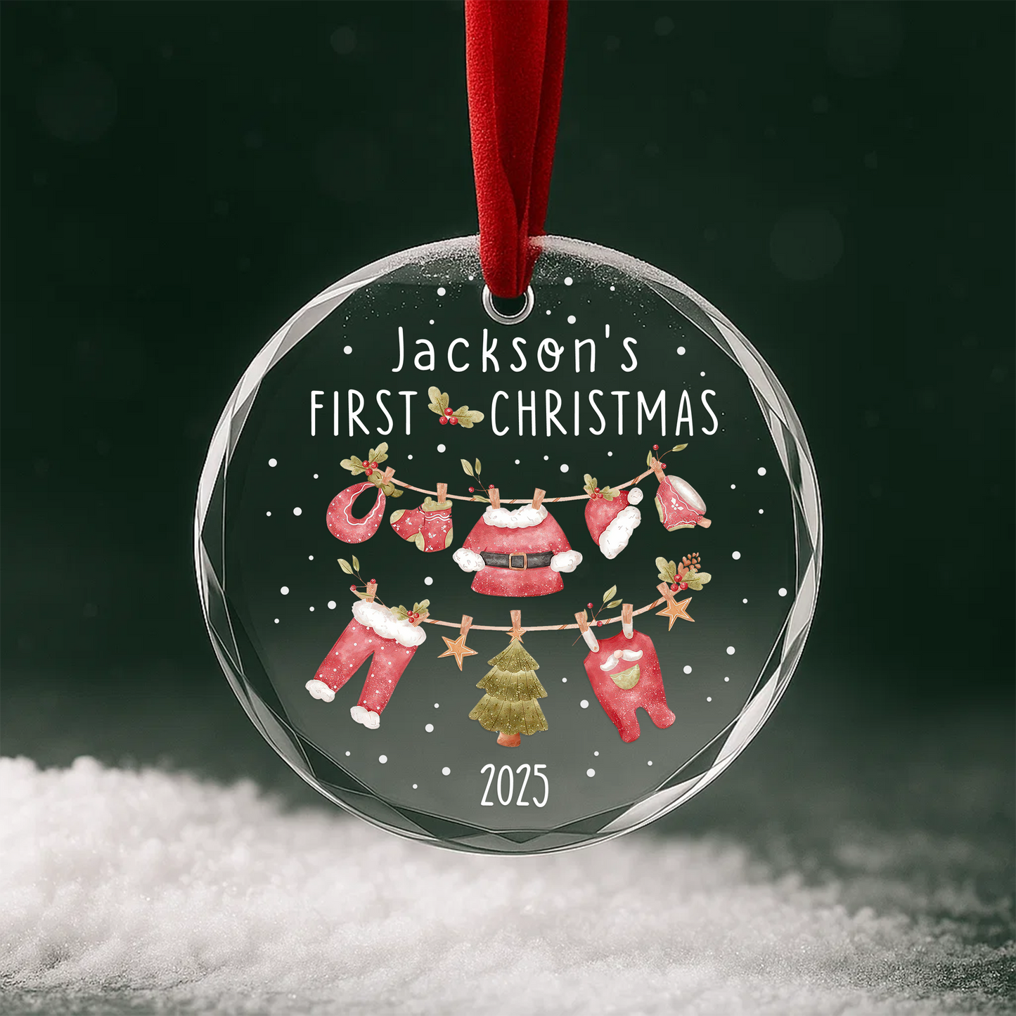 My First Christmas Baby Clothes Garland Custom Glass Ornament
