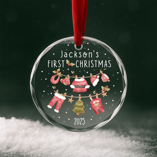 My First Christmas Baby Clothes Garland Custom Glass Ornament