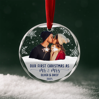 Our First Christmas as Mr and Mrs Couple Photo Custom Glass Ornament