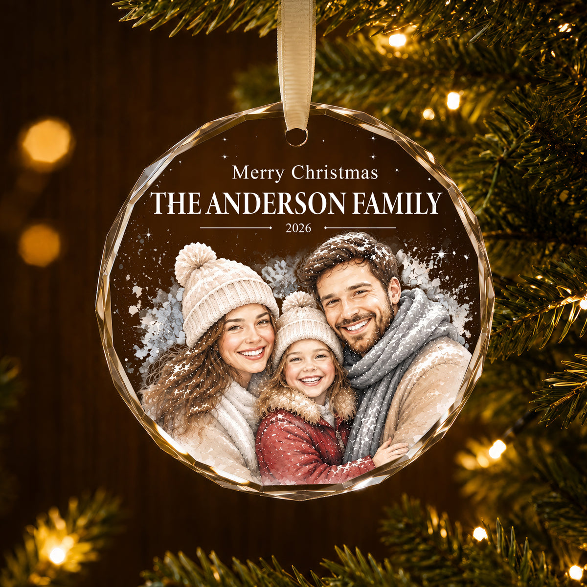 Christmas Family Portrait Ornament – Personalized Round Glass Ornament Family Christmas Keepsake