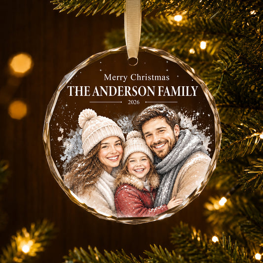 Christmas Family Portrait Ornament – Personalized Round Glass Ornament Family Christmas Keepsake