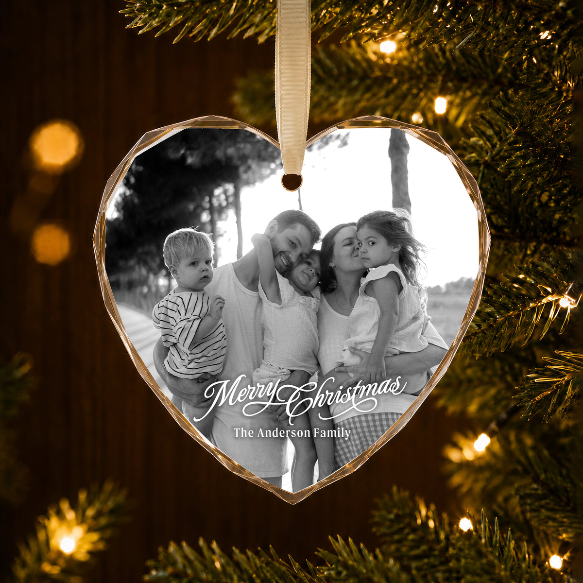 Personalized Merry Christmas Heart Glass Ornament – Custom Black and White Family Photo and Last Name, Family Memories Keepsake Gift