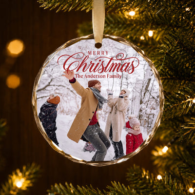 Personalized Merry Christmas Family Glass Ornament – Custom Family Photo and Name, Winter Holiday Keepsake Gift