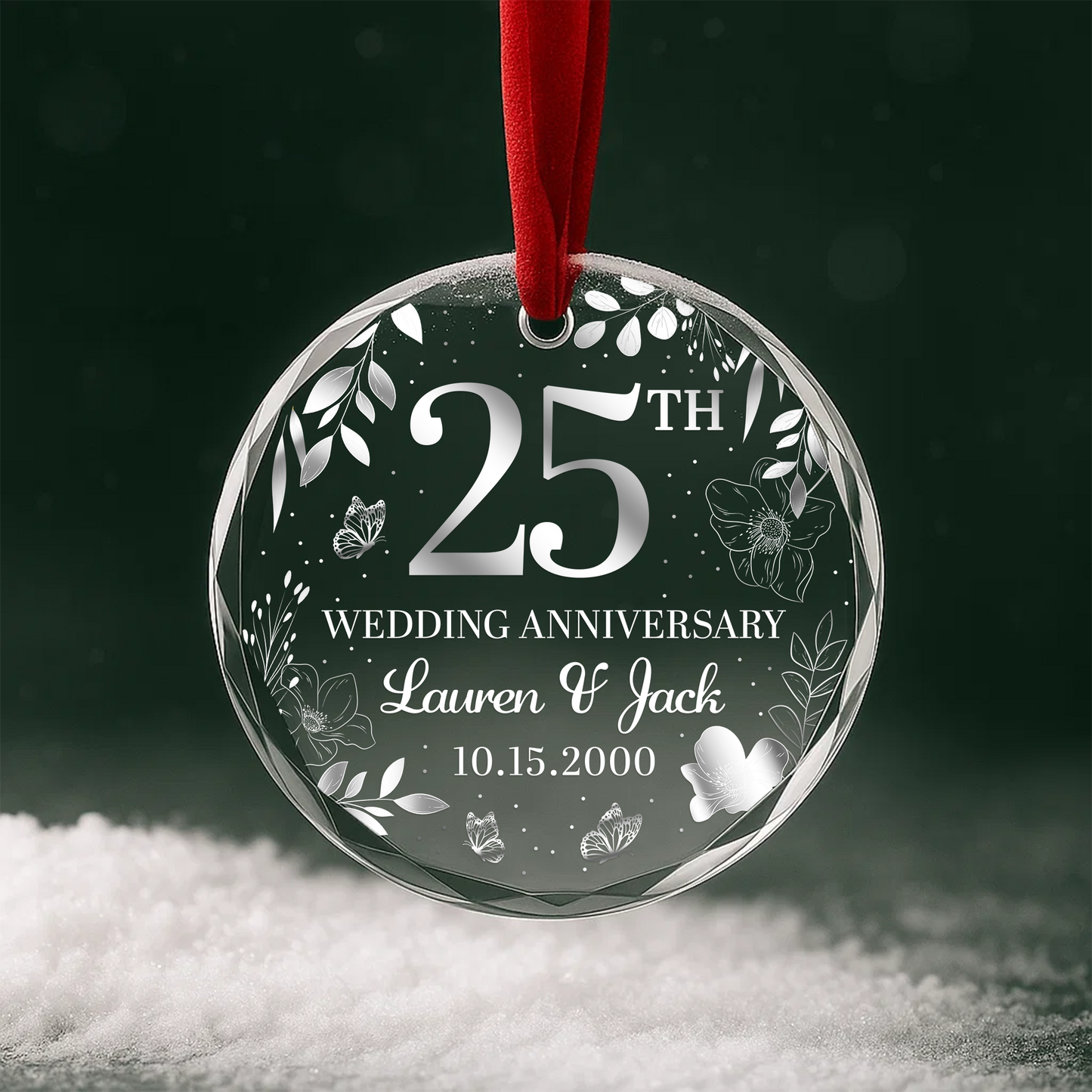 25th Wedding Anniversary Silver Floral Custom Glass Ornament
