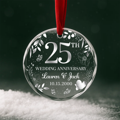 25th Wedding Anniversary Silver Floral Custom Glass Ornament