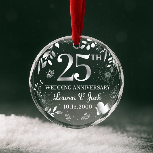 25th Wedding Anniversary Silver Floral Custom Glass Ornament