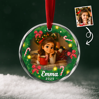Cartoon Style Child Portrait Christmas Wreath Custom Glass Ornament