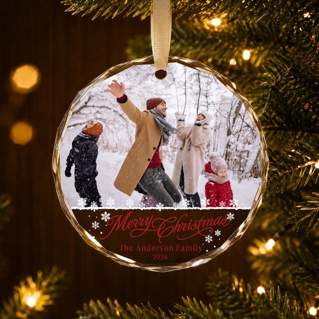 Personalized Merry Christmas Glass Ornament – Custom Snow Day Family Photo, Last Name and Year, Winter Memories Keepsake Gift