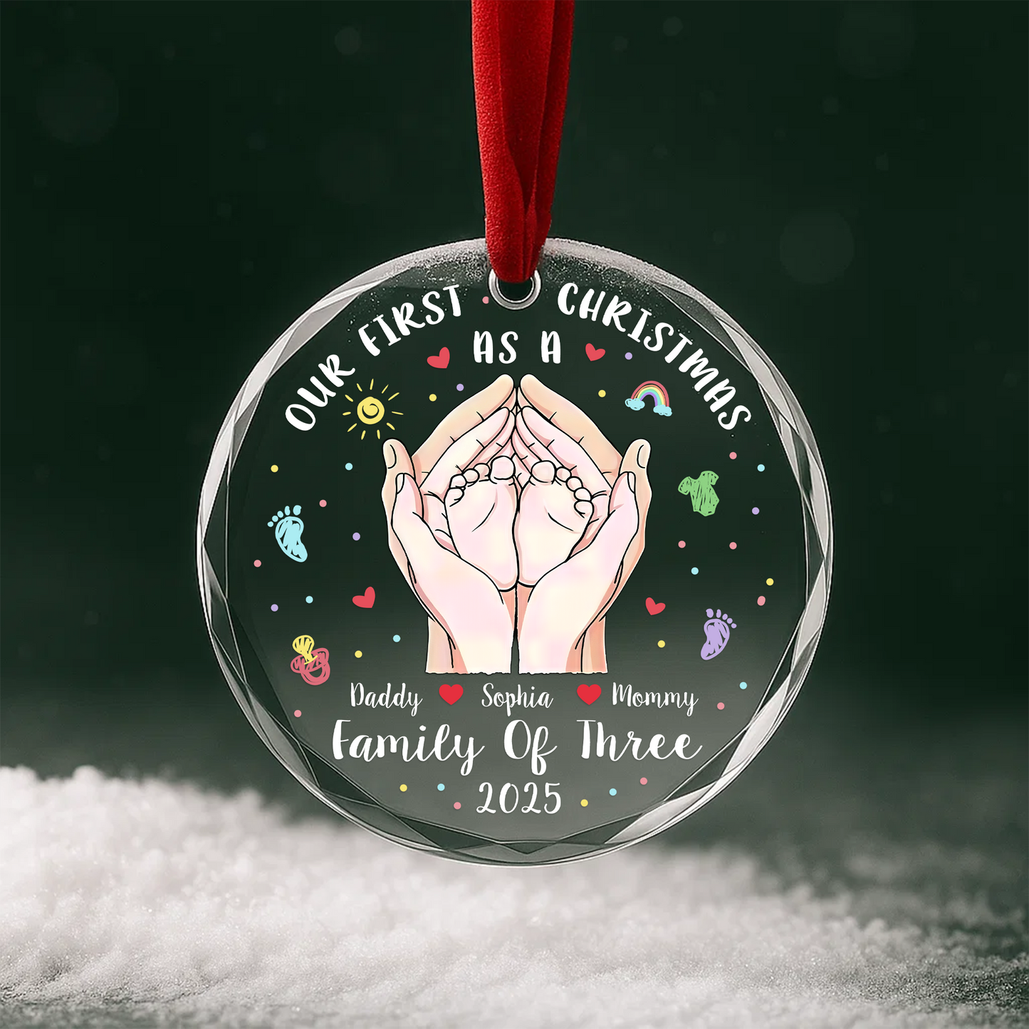 Our First Christmas as a Family of Three Hands & Baby Feet Ornament
