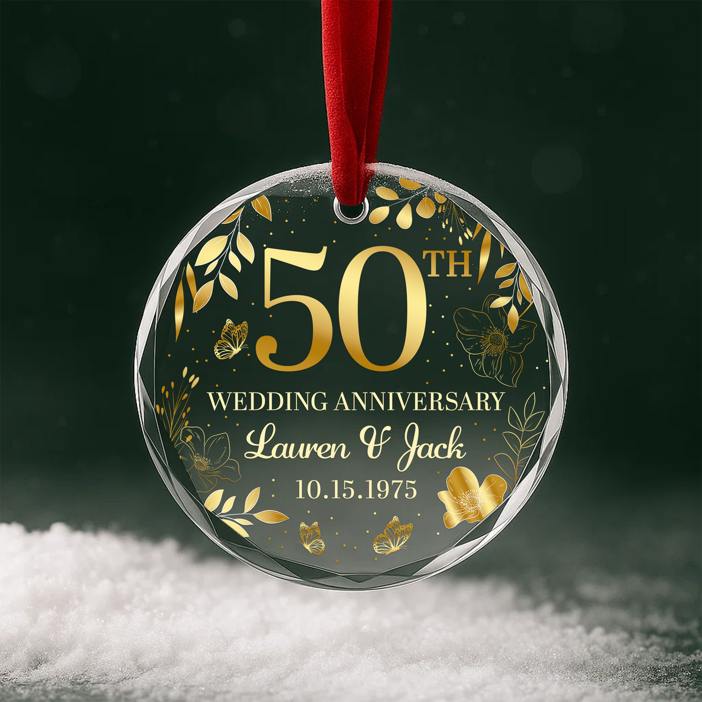 50th Wedding Anniversary Gold Floral Custom Glass Ornament