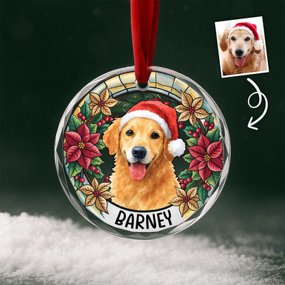 Custom Pet Portrait Christmas Wreath Glass Ornament