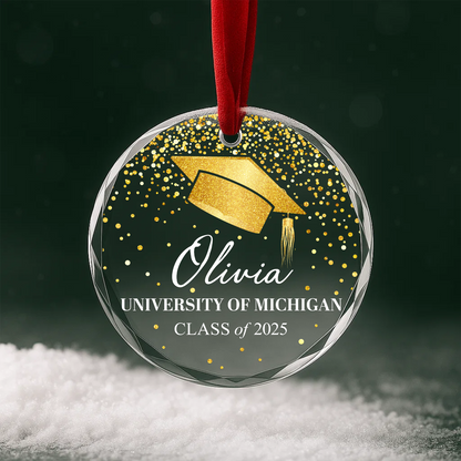 Graduation Cap Gold Confetti Custom Glass Ornament