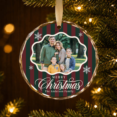 Personalized Merry Christmas Glass Ornament – Custom Family Photo and Last Name, Vintage Red and Green Striped Holiday Keepsake Gift