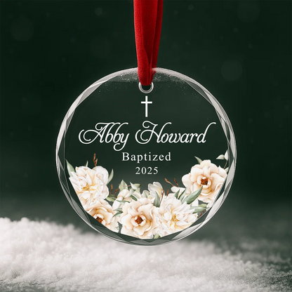 Baptism White Flowers Cross Custom Glass Ornament