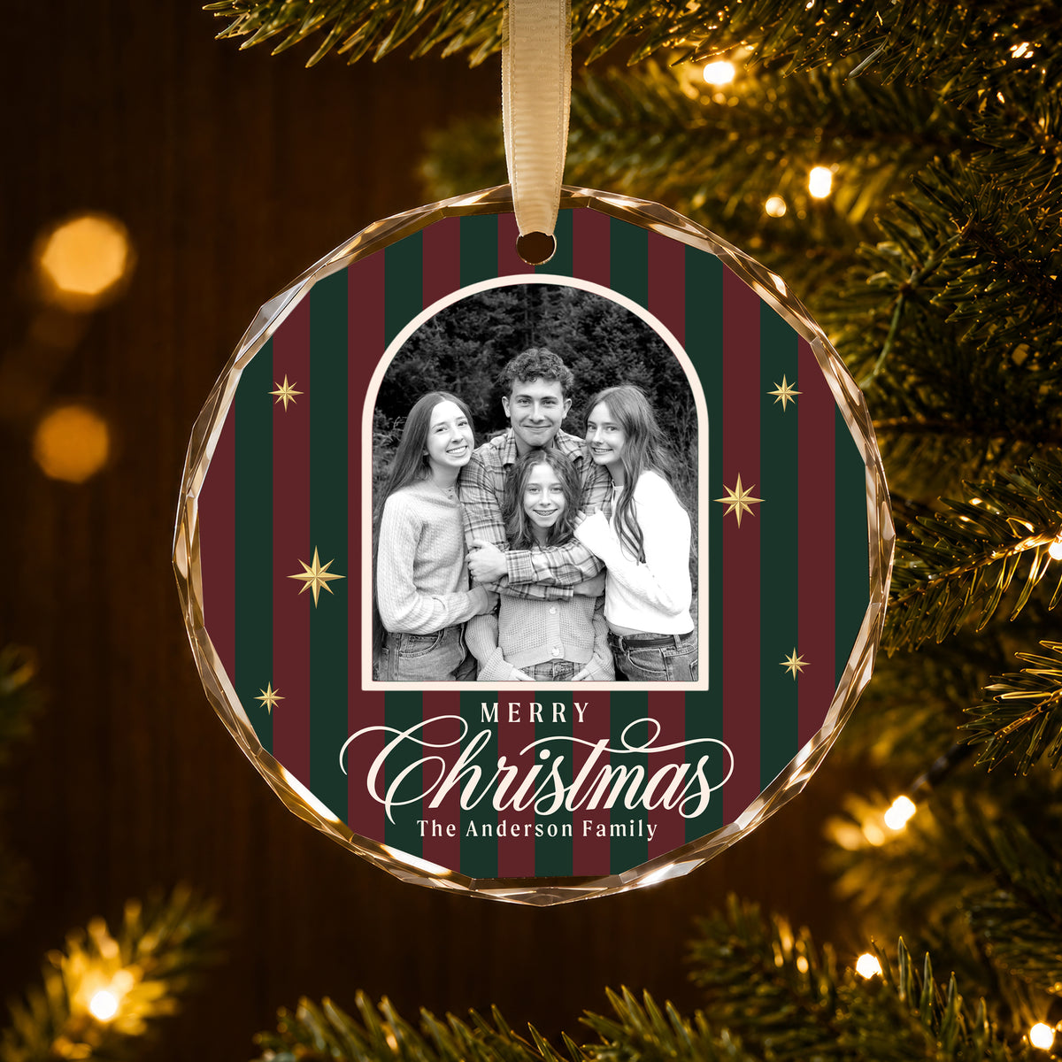 Personalized Merry Christmas Glass Ornament – Custom Black and White Family Photo and Last Name, Vintage Striped Christmas Keepsake Gift