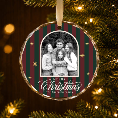 Personalized Merry Christmas Glass Ornament – Custom Black and White Family Photo and Last Name, Vintage Striped Christmas Keepsake Gift