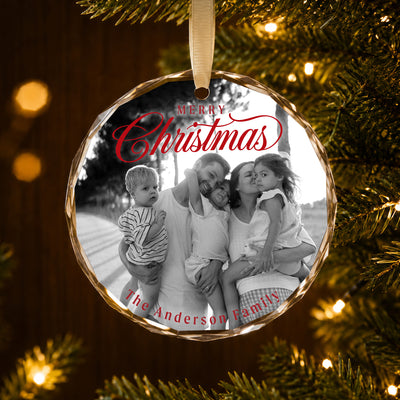 Personalized Merry Christmas Family Glass Ornament – Custom Black and White Family Photo and Last Name, Family of Five Keepsake Gift