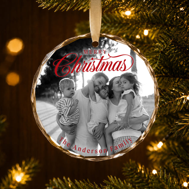 Personalized Merry Christmas Family Glass Ornament – Custom Black and White Family Photo and Last Name, Family of Five Keepsake Gift