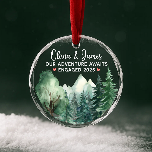 Our Adventure Awaits, Engaged 2025, Mountain Forest Watercolor Ornament