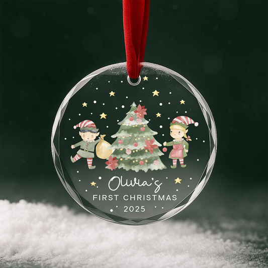 My First Christmas Elves and Tree Custom Glass Ornament