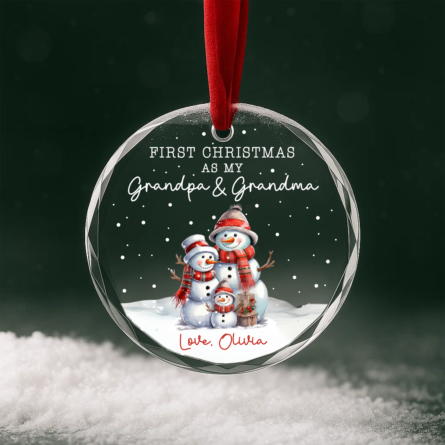 First Christmas as My Grandpa Grandma Snowman Family Custom Glass Ornament
