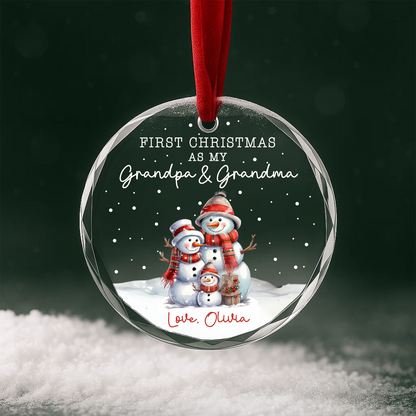 First Christmas as My Grandpa Grandma Snowman Family Custom Glass Ornament